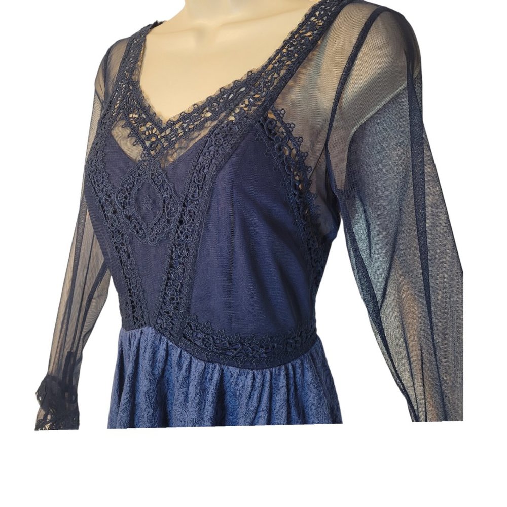 Free People Blue Lace Victorian Fit-and-Flare Dress with Sheer Sleeves - Picture 5 of 14